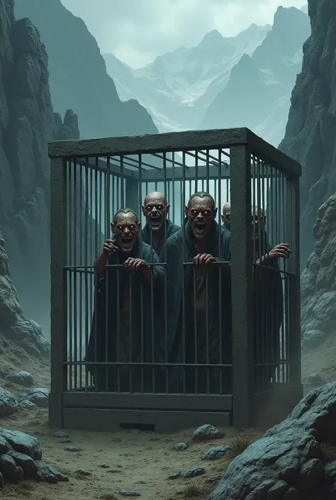 There are some wild men captured in a cage in the middle of the mountains, who look like a vampireman.