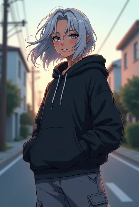  Silver Hair,Grey Eyes, brown skin, medium hair, pretty girl,Neutral,Handsome Girls,cool, boyish, Tall,Muscular, small tits,cute breasts , nice butt,All-around sports,Jagged teeth,A girl about , black oversized hoodie, mouse colored cargo pants , female el...