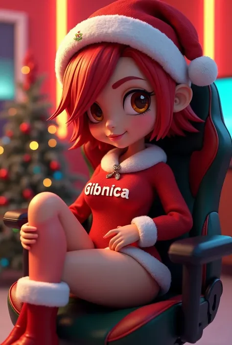     3D representation of a very sexy 30-year-old chibi-style woman with short red hair and straight hair. amber eyes,  She is dressed in a very sexy Santa Claus costume in red and green  .   The woman is sitting in a gaming chair and showing off her outfit...