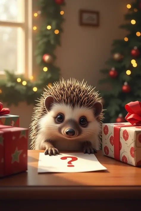 A hedgehog writes in a room full of Christmas gifts，Theres a big question mark on the paper 