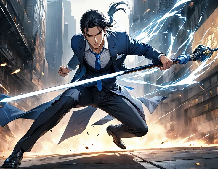 Neo-noir futuristic art style, full-body view, semi-realistic anime style of a man charging forward with explosive energy, as if about to strike. He is in a dynamic, forward-leaning sprint, his body angled forward with intent. facing viewer. One hand grips...