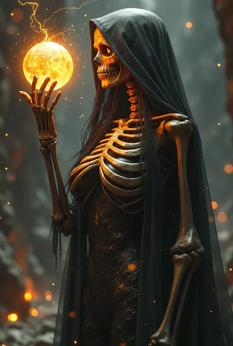 Big breasted girl,  Rich Dark Runic Skeleton ,  black gold skeleton , Magical Void Energy ,  glowing eyes ,  death lightning ,  Death Energy Ball floating above your hand ,  Cast magic  ,  energy by cracking , bony hand,   wears a luxurious cover  ,   Star...