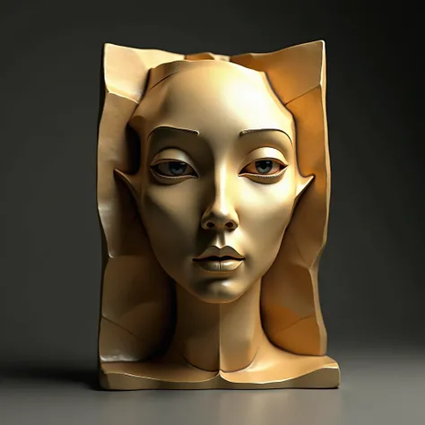 Abstract face three-dimensional ceramic work , HD model,  high quality, Golden tons, Dark neutral background.