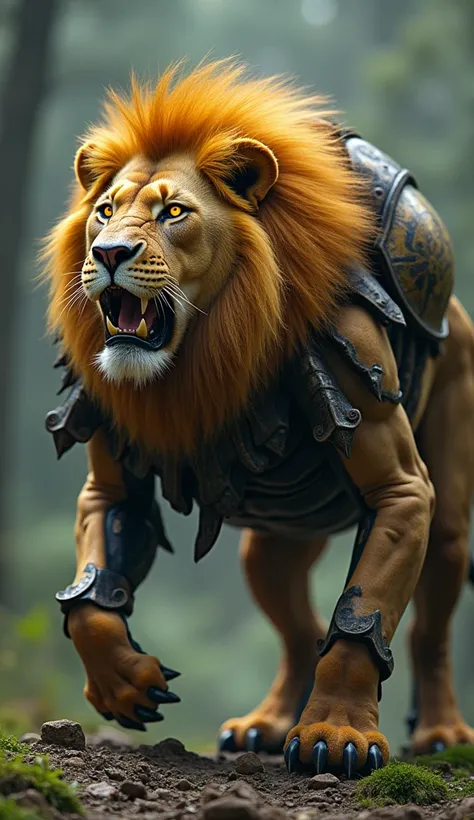 Imagine a powerful hybrid creature, combining the majestic lion with the small, resilient beetle. The creature has the muscular body and golden mane of a lion, but its limbs are shorter and more segmented, like the sturdy legs of a beetle, with sharp, armo...