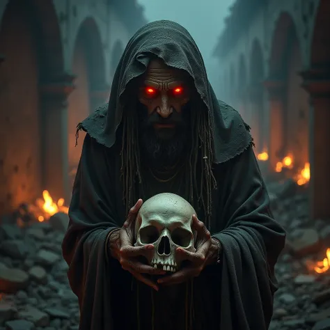 Ultra realistic Indian 3 scary Aghori red eyes holding skull in crematorium at night.