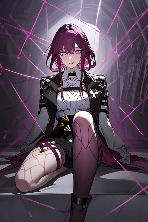 Kafka (honkai:star_rail),  1 girl, Alone,  naughty face, long hair,  Purple  hair, blank  Purple  eyes,  long sleeve white shirt ,  black jacket ,  spider web pattern on back , black high waist shorts,  Purple  pantyhose,  right leg thigh strap ,  Purple  ...