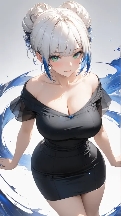 Full body display, face details,semi realistic, Masterpiece, Master work, perfect , 4k, 1woman, adult woman, big size breast, short hair, single chignon hair style, flat Bangs hair style, white colored hair, (((blue streaks - white hair))), bright green ey...