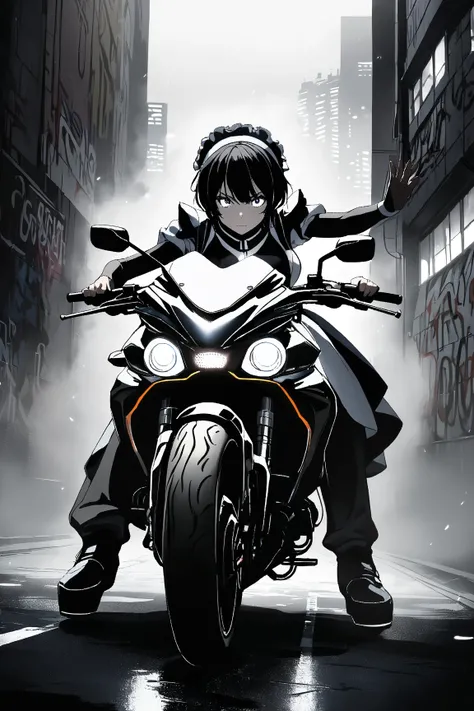 1 girl, (cute face), 19 years old, (short hair), (wearing a futuristic maid uniform), (metallic accents), small breasts, fit, (revving the motorcycle:1.2), (confident expression), BREAK  
Industrial background, graffiti walls, (foggy night), (city skyline ...