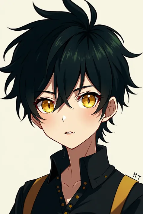 A white anime boy with black hair and yellow eyes 
