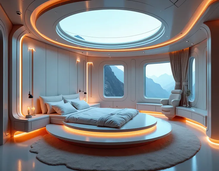 A double-height ceiling bedroom with smooth, metallic walls and a large, floor-to-ceiling window offering an unobstructed view on one side of the luxurious spaceship suite, glass enclosure. The room features a floating circular bed with integrated LED ligh...