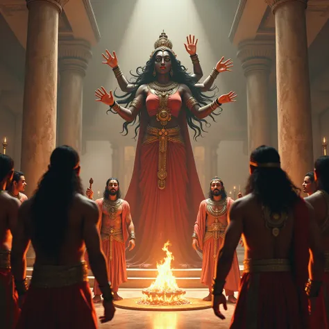 "A dramatic setting with the Pandavas in a grand assembly hall made of marble. A towering idol of Goddess Kali stands at the center, draped in red and black, with a ceremonial fire burning in front. The Pandavas are dressed in warrior attire, their express...