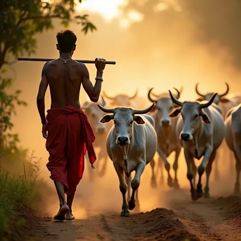 The image depicts a pastoral scene where a young 25 years old men  is herding a group of cattle. The person is seen from behind, carrying a stick across the shoulders, and is wearing a red cloth traditional west bengal dhoti and fatua . The cattle are walk...