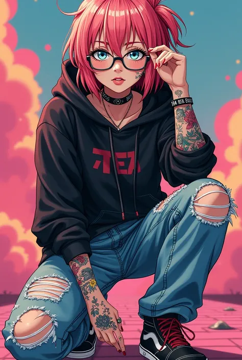 Strawberry blonde Dad with Itadori hair, sky blue eyes and freckles. Ripped Jeans, Black hoodie, and Black Vans. Glasses, tattoos from neck to ankles, earrings and nose ring, slit eyebrow. Anime