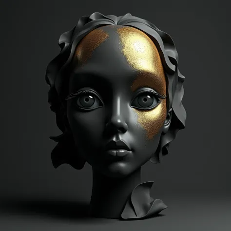 Abstract face three-dimensional ceramic work , Gray eyes, HD model,  high quality, Black ceramic with gold powder, Dark neutral background.