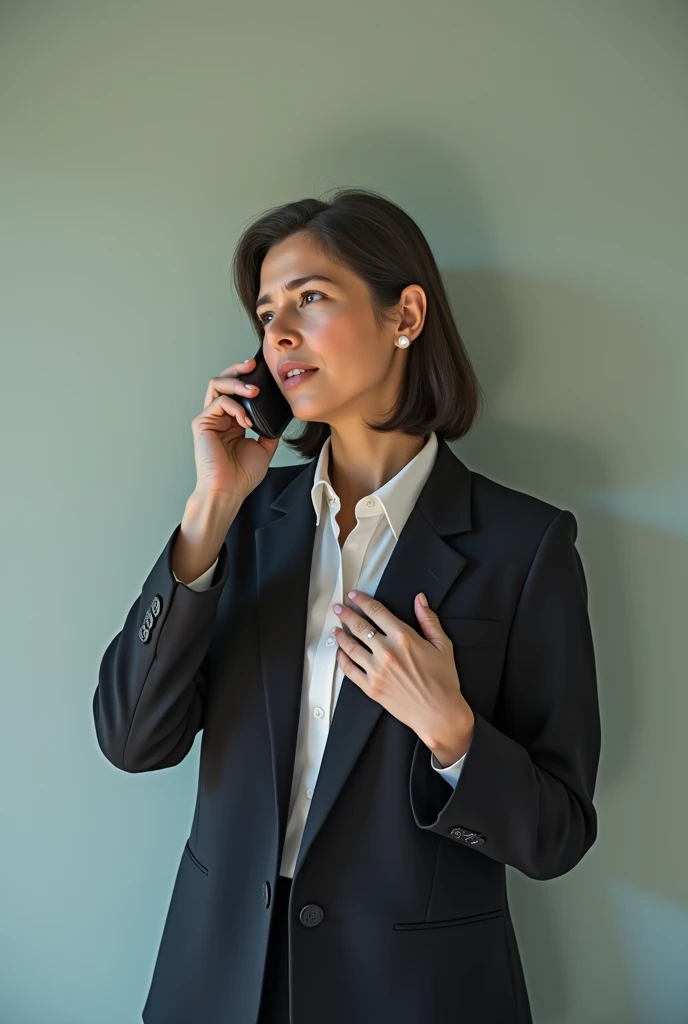 A middle-aged 45-year-old woman is talking on the wall