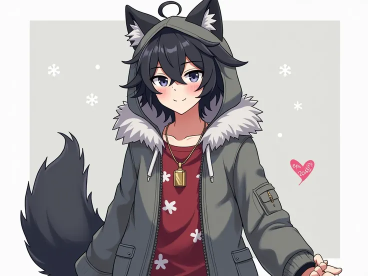    Male anime character with fluffy black hair wearing gray wolf clothing,   long and fluffy gray wolf tail   , gray wolf hood   , cheerful faces and rosy cheeks Christmas themed clothing with necklace 