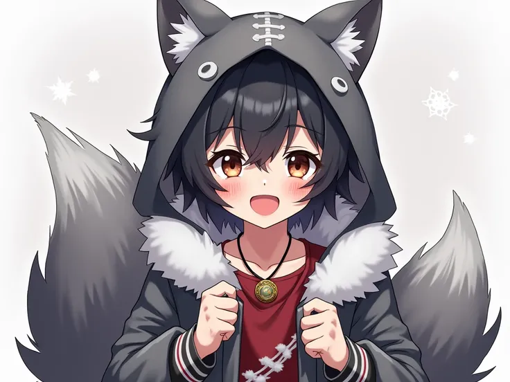    Male anime character with fluffy black hair wearing gray wolf clothing,   long and fluffy gray wolf tail   , gray wolf hood   , cheerful faces and rosy cheeks Christmas themed clothing with necklace 