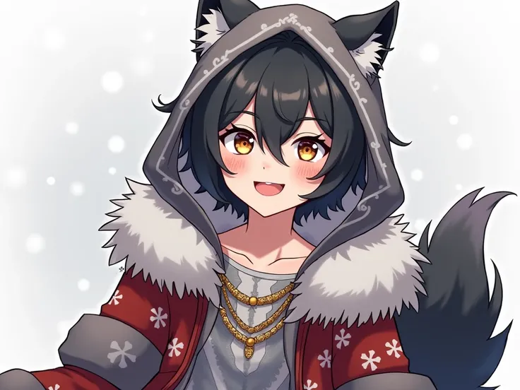    Male anime character with fluffy black hair wearing gray wolf clothing,   long and fluffy gray wolf tail   , gray wolf hood   , cheerful faces and rosy cheeks Christmas themed clothing with necklace 