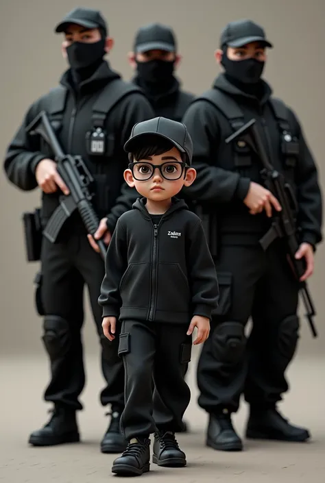 Create a 3d photo of boy name Zafran Khan.
The name should write on black shirt and boy should wear black track sout and also wear glasses and cap and also wear black sport shoes.
Behind boy there should four body guards with gun