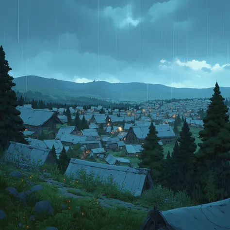 ((high quality)), ((masterpiece)), ((high)y detailed)), distant village, rainy weather, 8k, 4k, UHD, high resolution