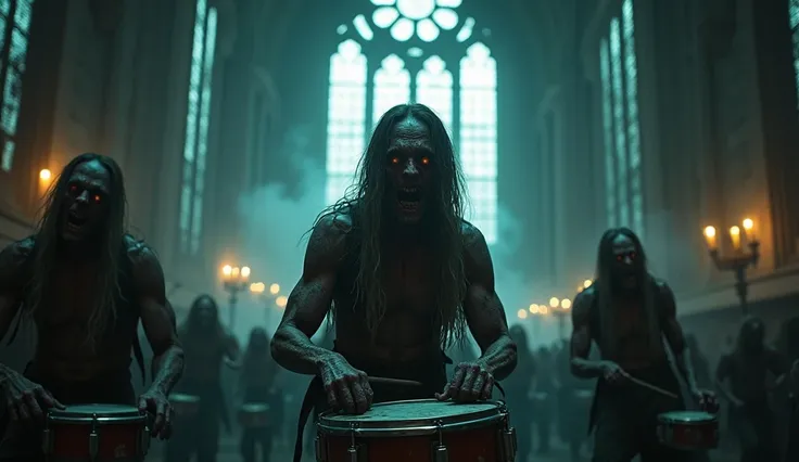 inside of gothic church, close up of drummer zombie with long hair playing the drumms ,  hordes of zombies around them with rotting flesh and glowing eyes,   towering spires cracked and partially collapsed. The broken stained glass windows faintly reflect ...