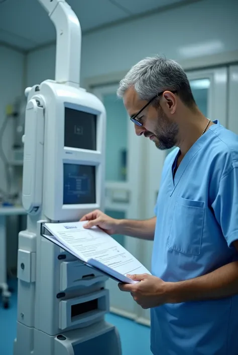 A high-definition image of a Brazilian medical professional in a clinical setting, inspecting a medical device for compliance. The professional is focused, with a checklist or certification document visible, emphasizing the guarantee of correct operational...