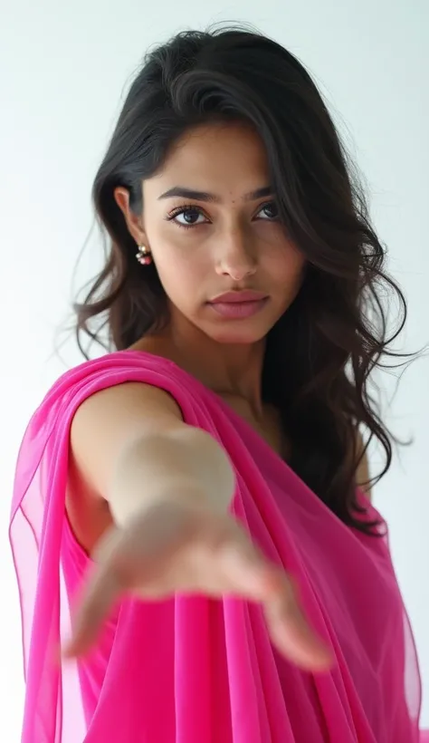 create a front view of young , modern & beautiful indian girl wearing a modern stylish indo western pink color full dress trying to stop someone she loves , by pointing her one hand towards him & girl looking towards camera with sad expression , create fro...