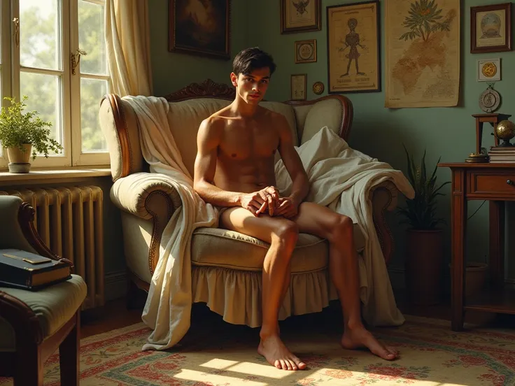 ((fullbody detailed feet)) (Masterpiece fullbody) Detailed, intricate, hyper realistic painting of a chiseled heavenly handsome man,in the style of jc leyendecker, norman rockwell and robeto ferri , looking at the viewer, full body, dramatic lighting, tumb...