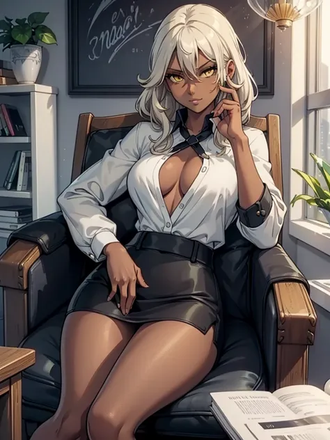 (​masterpiece、top-quality、hight resolution、Unity 8k、extremely details CG:1,Best Picture), ((1girl)),Grey hair, yellow eyes,((((dark skin)))), Emphasis on cleavage, "A confident young woman sitting in a brightly lit interview room with a casual and welcomin...