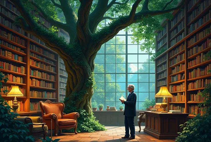  Picture of a bookstore with a tree and lamp, bookstore,  Senior Artist , by Ni Yuanlu, Magical Scene, 1 8 0 0 dpi,  Conrad Vitz , Lighting, Small Library, Kang Se-hwan , リミナルbookstore, book filled, Albert Cottin , Van Gogh&#39;s Style