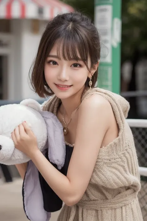  Inhaling Eyes , cute double ,  A woman hugging her favorite stuffed animal at a park near the ocean, small animals, Shorthair wrapped around the outside,  hair ornament,  clothes chosen for a date , Talented , Kind personality,  woman who is very particul...