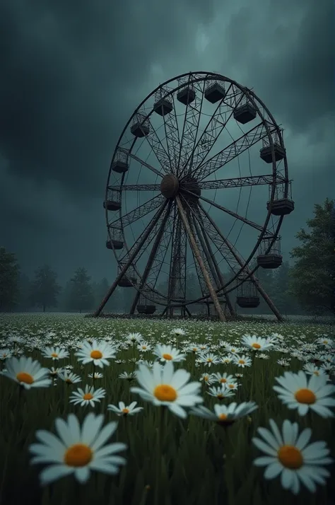  Creates an image of a Ferris wheel surrounded by daisies, whose background is dark 
