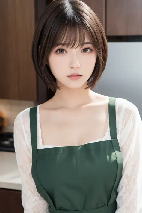 masterpiece,  top quality,  one woman, (Moss Green、 apron:1.2), Age 25、(RAW 写真 top quality), (reality, reality的:1.4),  sexy、iris、highly detailed eyes and face,  Beautiful Detailed Nose , beautiful eyes,  perfect anatomy、 short hair、bangs、 Brunette Hair 、Dr...