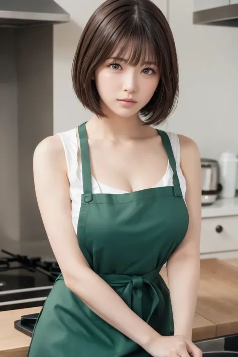 masterpiece,  top quality,  one woman, (Moss Green、 apron:1.2), Age 25、(RAW 写真 top quality), (reality, reality的:1.4),  sexy、iris、highly detailed eyes and face,  Beautiful Detailed Nose , beautiful eyes,  perfect anatomy、 short hair、bangs、 Brunette Hair 、Dr...