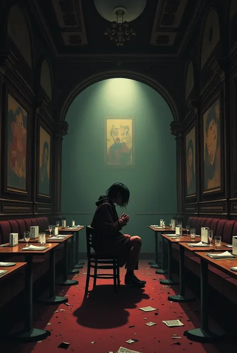  I need you to draw me a drawing of the Italian theater ,  where the setting is a restaurant with an aesthetic dark and desolate ,  the theater must allow a good view ,  creating an atmosphere intimate ,  in the setting must have spaced tables ,  soft ligh...