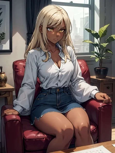 (​masterpiece、top-quality、hight resolution、Unity 8k、extremely details CG:1,Best Picture), ((from front)),Grey hair, yellow eyes,((((dark skin)))), Emphasis on cleavage, A young woman sitting on a simple chair in a cozy, well-lit indoor studio, reacting to ...