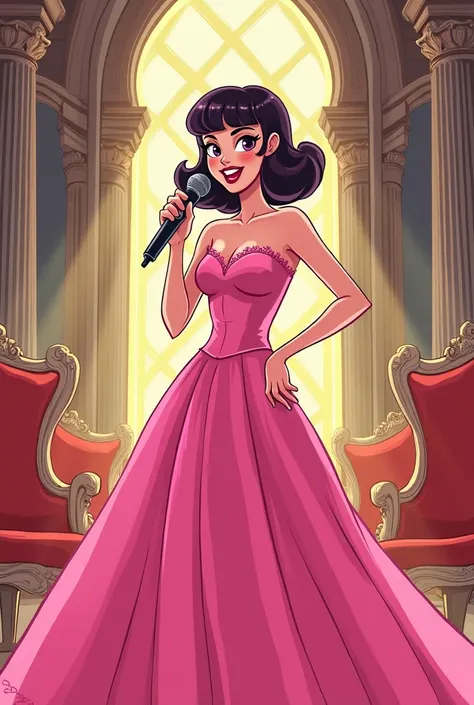 webtoon art of a woman wearing pink cocktail dress and the hair is in pucca style and holding a microphone in the castle