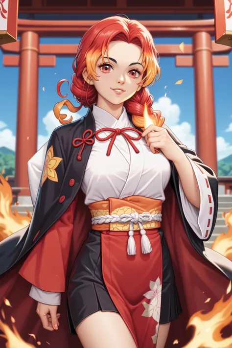  Anime Demon Slayer and Game Minashigoto，woman， Rengoku Kyojuro and Sawtoiketsu Kounojo，Two-tone hair( Orange Shabby Ash )， red eyes， Red Ribbons ，School Clothes ， Fire Cloak ， Fire Shrine Maiden Cybersuit ， cute，Sword Decorations ，