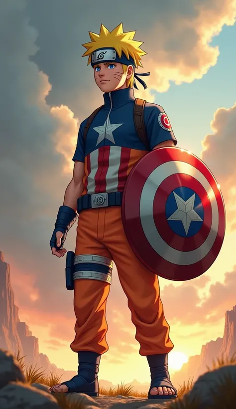 Imagine a character who is a mix between Naruto Uzumaki and Captain America. This character has typical Naruto characteristics such as spiky blonde hair, whisker marks on his cheeks, and a vibrant youthful energy. This characters outfit is a combination of...