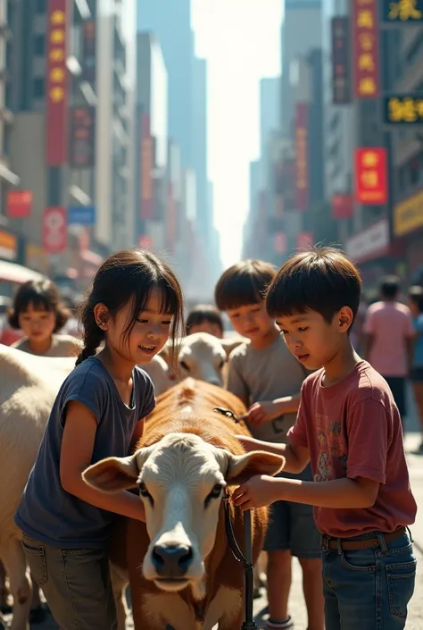 (photorealism:1.2), Some boys and girls are milking in the city