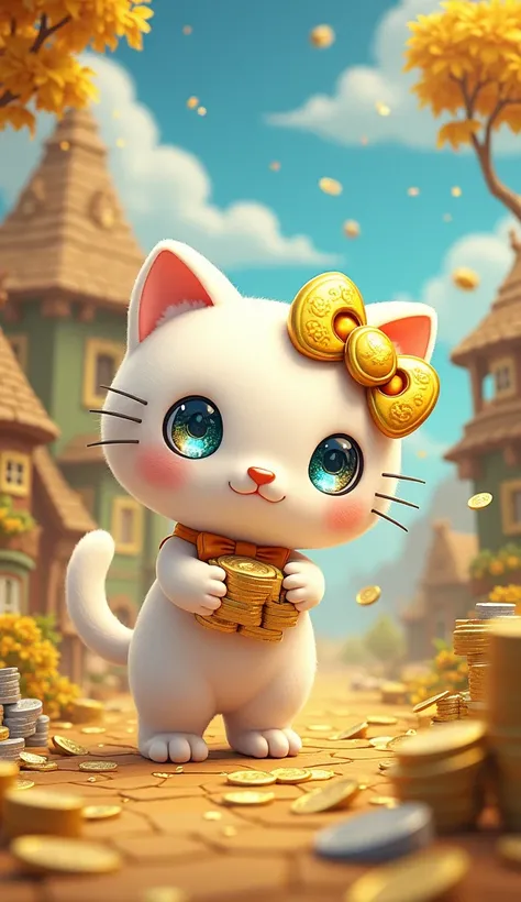 "Imagine a cute, cartoonish character that blends Hello Kitty’s iconic charm with a unique money-themed twist. This character has Hello Kittys signature white cat body, but with subtle alterations: its ears resemble golden coins, and its bow is made of cru...