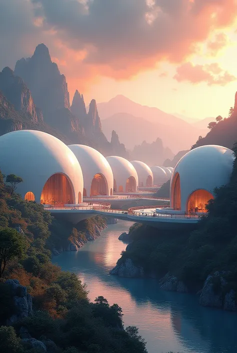 "An ethereal, fantasy-like scene showing multiple identical domes, each exactly the same in size and shape, arranged in a gently curved line, as if stuck together, sharing a single foundation. These domes stretch out across the landscape, viewed from a dis...