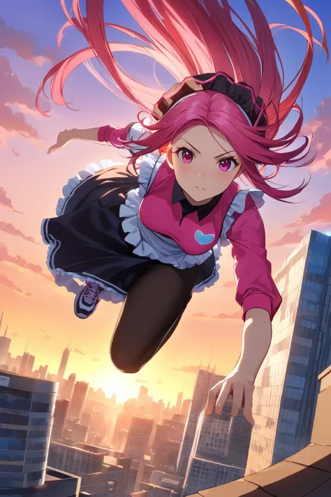 1 girl, (cute face), 18 years old, (long hair), (wearing a sporty maid outfit), (black and pink color scheme), medium breasts, slim, (performing parkour:1.2), (determined expression), BREAK  
Urban rooftop scene, city skyline, (sunset background), (dynamic...