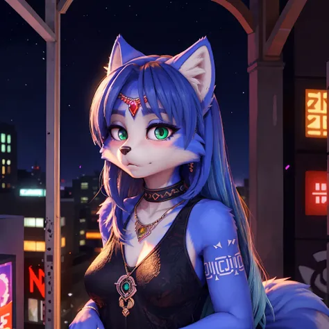 ((krystal)), Star Fox-Krystal, lovable, green eyes, ((( Long blue hair 1 .3))), Decollete, anthro, Fuzzy,  detailed Fluffys fell,  detailed face , (Fluffy),  1 girl, ,woman, Goth, green eyes, undercut, ultra-realistic 8k cg ,  masterpiece, (( ultra-detaile...