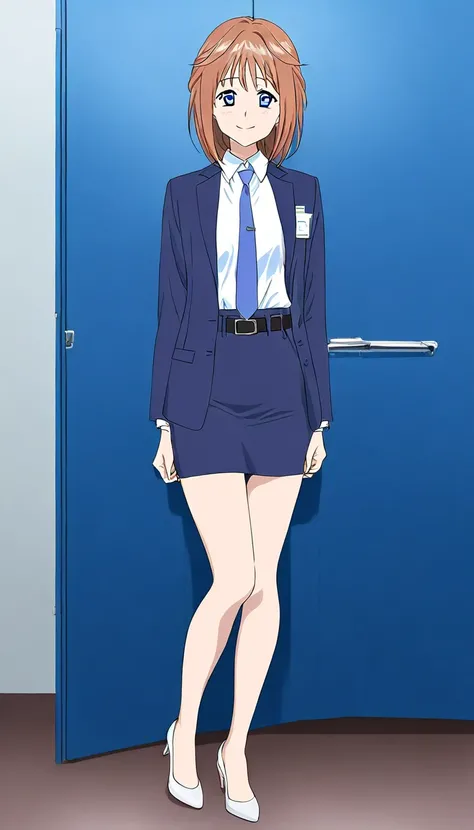 Mahoko Mochida、Brown Hair、Tea pupil、Middle hair、 Friendly Smiles 、Blue Eyes、 full body style that reflects your whole body、Normal milk、 narrow waist 、Bare legs、 in a suit、 navy blue jacket , collared shirt 、 white shirt、 blue tie,belt, navy blue mini penci...