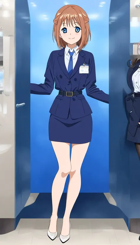 Mahoko Mochida、Brown Hair、Tea pupil、Middle hair、 Friendly Smiles 、Blue Eyes、 full body style that reflects your whole body、Normal milk、 narrow waist 、Bare legs、 in a suit、 navy blue jacket , collared shirt 、 white shirt、 blue tie,belt, navy blue mini penci...