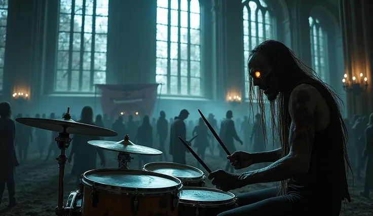 inside of gothic church, close up of drummer zombie with long hair playing the drumms , there is a white big banner behind the band that says: GRACELESS ,  hordes of zombies around them with rotting flesh and glowing eyes,   towering spires cracked and par...