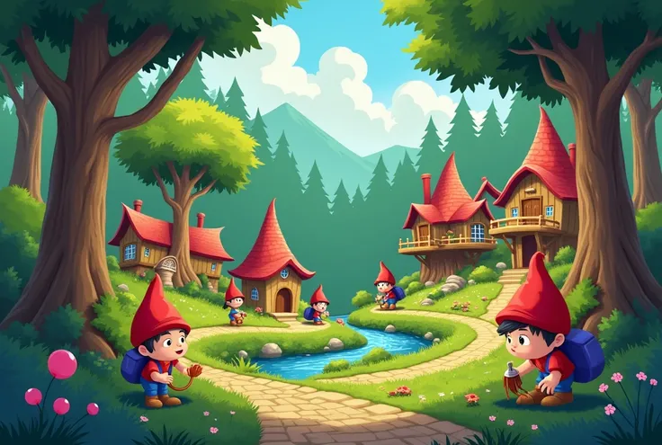 2D of a cute whimsical Pixar cartoon-style drawing of a gnome village nestled among towering trees, with quaint treehouses, cobblestone paths, and a babbling stream winding through the forest. The gnomes are busy tending their gardens, crafting tools, and ...