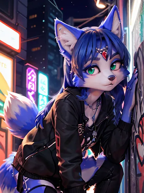 ((krystal)), Star Fox-Krystal, lovable, green eyes, ((( Long blue hair 1 .3))), Decollete, anthro, Fuzzy,  detailed Fluffys fell,  detailed face , (Fluffy),  1 girl, ,woman, Goth, green eyes, undercut, ultra-realistic 8k cg ,  masterpiece, (( ultra-detaile...