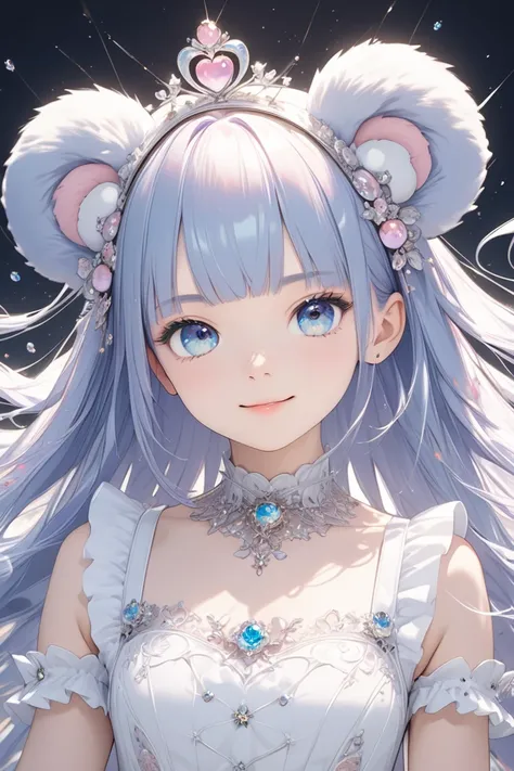  Cute Magical Girl , ( Double Bang , blunt bangs,  Silver Straight Long Hair ), Beautiful faces with precise details,  blue eyes, detailed beautiful eyes , Large percentage, White Gothic Bear Dress ,  Choker,  simple and bright background , ( super detaile...